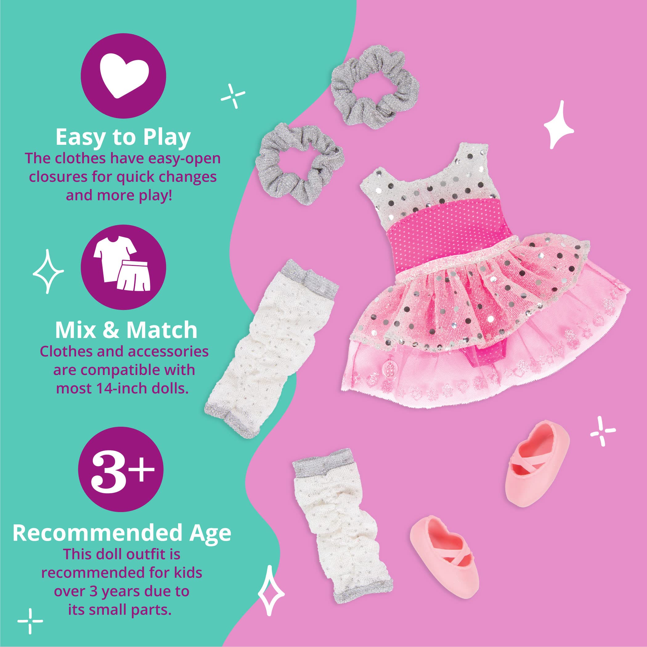 Glitter Girls – Twirls of Joy Ballerina Outfit Hearts & Stars – Ballet Dress, Hair Elastics, Shoes – 14-inch Doll Clothes & Accessories for Kids Ages 3 & Up – Children’s Toys