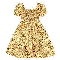 Kids Toddler Child Girls Short Bubble Sleeve Floral Elastic Waist Summer Princess Dress Outfits Little Dress