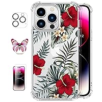ROSEPARROT Designed for iPhone 14 pro Case with Screen Protector + Camera Lens Protector, Clear with Floral Pattern Design, Slim Shockproof Protective Cover, 6.1