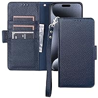 Bocasal Wallet Case for iPhone 15 Pro Max 5G, Genuine Leather Support Wireless Charging RFID Blocking Flip Case Card Slots Holder, Kickstand Book Folding Folio Cover Wrist Strap 6.7 Inch (Royal Blue)
