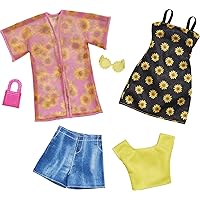 Barbie Fashions 2-Pack, 2 Outfits & 2 Accessories: Shirt, Shorts & Kimono, Sleeveless Sunflower Dress, Purse & Sunglasses, Kids 3 Years Old & Up
