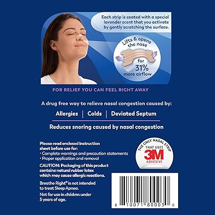 Breathe Right Nasal Strips Lavender Scent Extra Strength Tan Nasal Strips Help Stop Snoring Drug-Free Snoring Solution & Nasal Congestion Relief Caused By Colds & Allergies 26ct (packaging may vary)