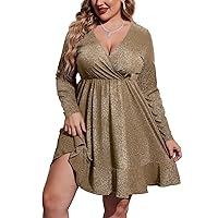 IN'VOLAND Plus Size Womens Glitter Dress V Neck Long Sleeve Ruffle Hem Swing Club Cocktail Party Dresses