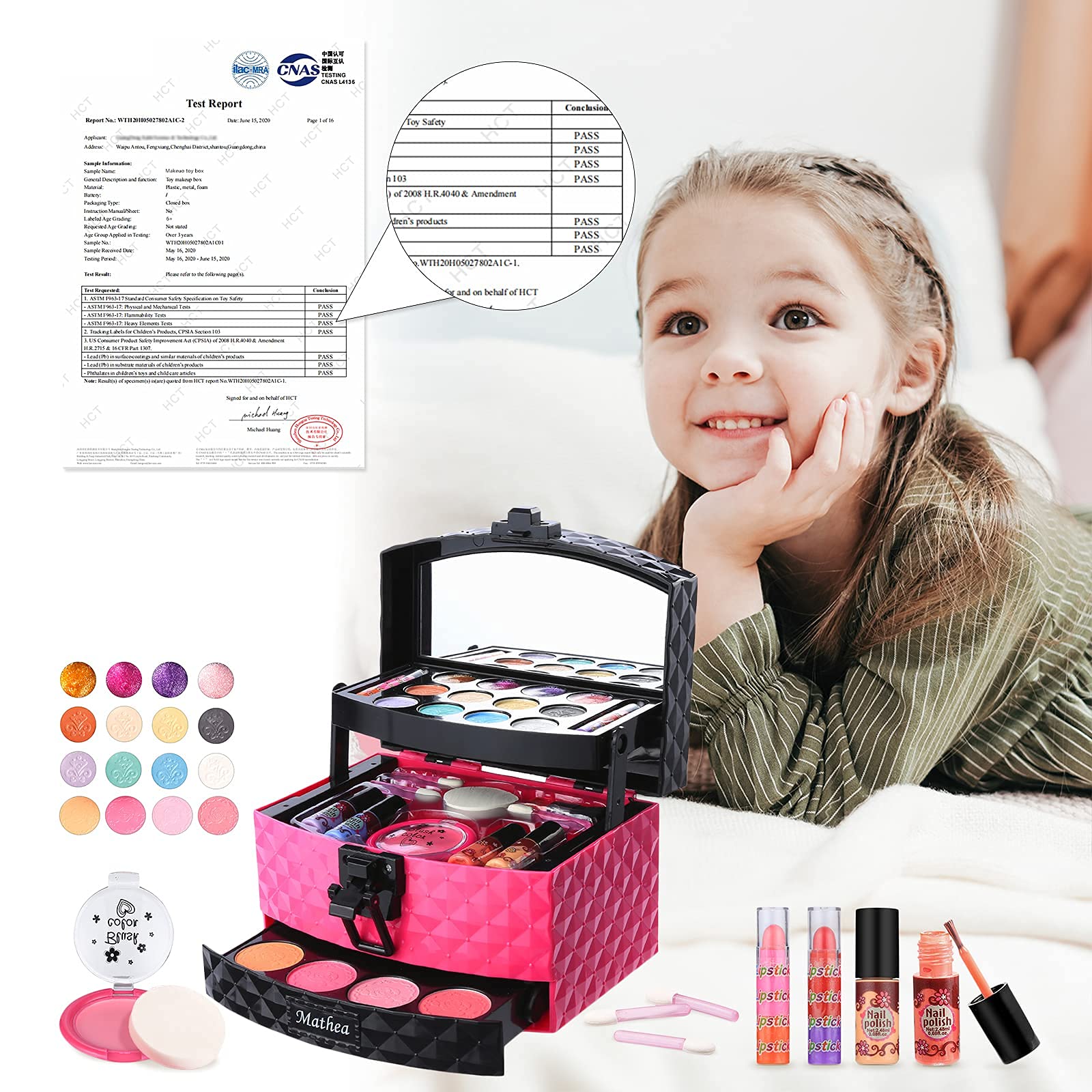 Mathea Kids Makeup Kit for Girls, Washable & Non-Toxic, Real Makeup Girl Toys, Makeup Set for Girls, Easy to Storage and Portable, Birthday Gift for Kids Age 3-12