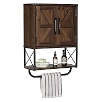 RUSTOWN Farmhouse Rustic Medicine Cabinet with Two Barn Door,Wood Wall Mounted Storage Cabinet with Adjustable Shelf and Towel Bar, 3-Tier Cabinet for Bathroom(Dark Walnut)