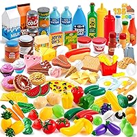 135Pcs Kids Play Food Set, Value Pretend Food for Play Kitchen with Fruit, Vegetable, Food Can, Dessert, Tableware, Bottles, Dramatic Plastic Food Toys for Toddler Boys Girls 3+ Years