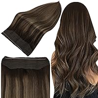 Full Shine Fish Line Human Hair Extensions 80 Grams Layered Hairpiece Invisible Straight Wire Hair Extensions Remy Hair 2 Clips in Headband Dark Brown to Light Brown