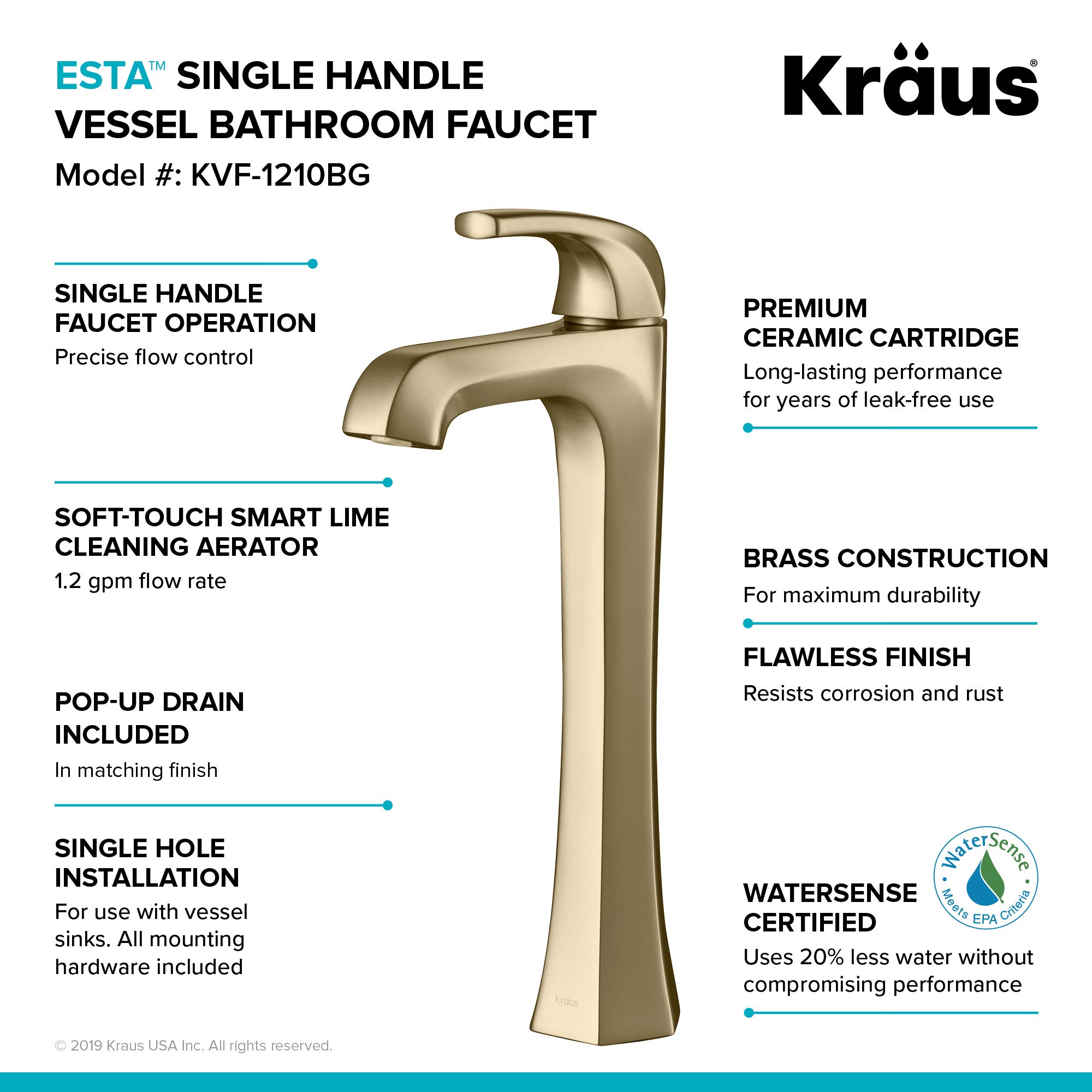 Kraus KVF-1210BG Esta Single Handle Vessel Bathroom Faucet with Pop-Up Drain, Spot Free Brushed Gold