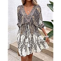 Women's Dresses Paisley Print Batwing Sleeve Tassel Tie Front Ruffle Hem Dress Dress for Women (Color : Multicolor, Size : Large)