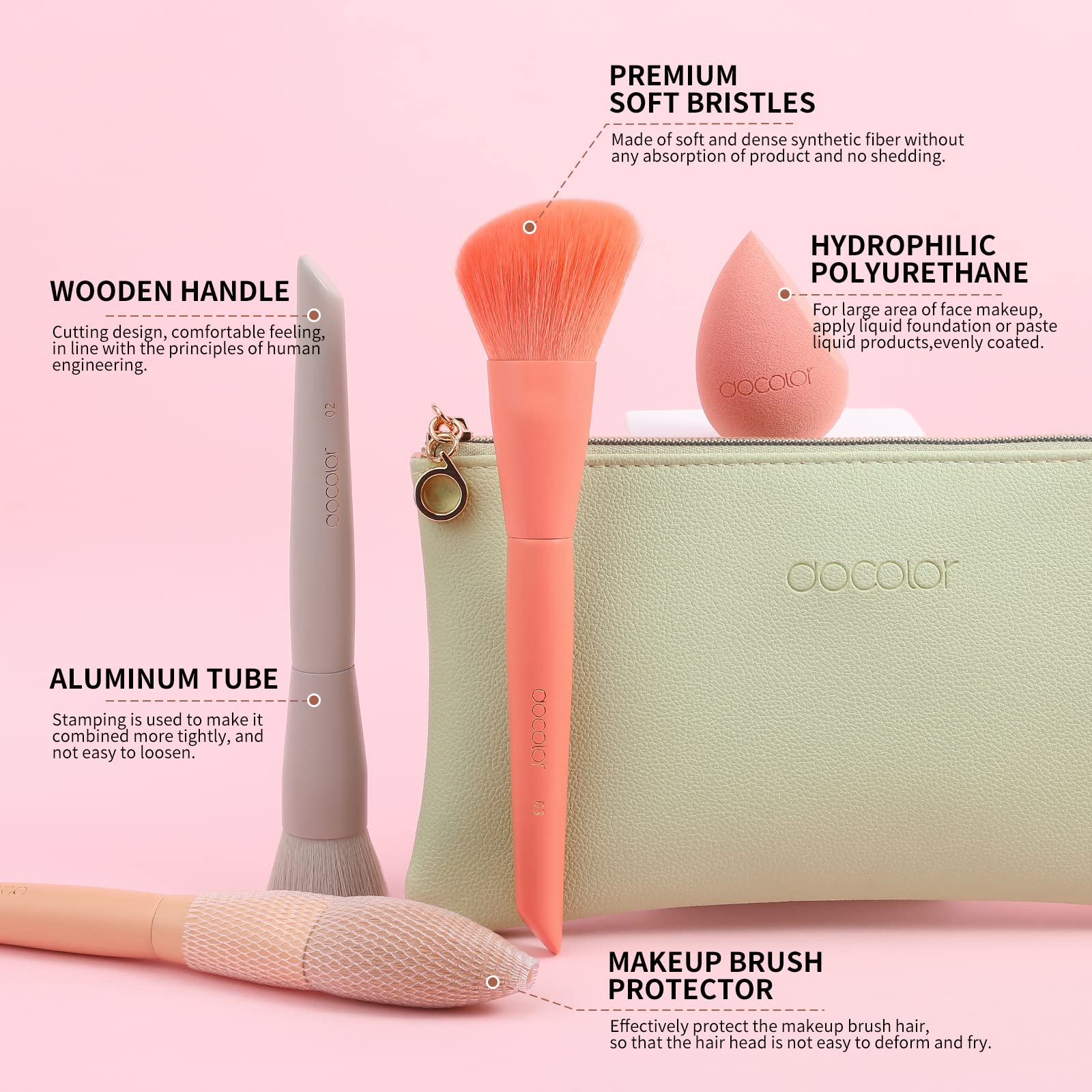 Docolor 17Pcs Morandi Makeup Brush Set with Makeup Bag and Makeup Sponge and Brush Protector + Makeup Brushes Cleaner Set