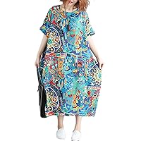 Flygo Womens Summer Loose Baggy Ethnic Printed Short Sleeve Midi Dresses