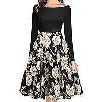 oxiuly Women's Vintage Off Shoulder Pockets Casual Floral A-Line Party Cocktail Swing Dress OX232
