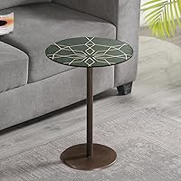 ORVI Home Green Marble Coffee Table with Metal Stand | Home Decor Decorative Round Side Table | Modern Round End Table with Brass Inlay for Bedroom 14”X14”X19”