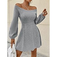 Women's Fashion Dress -Dresses Off Shoulder Lantern Sleeve Sweater Dress Sweater Dress for Women (Color : Gray, Size : X-Small)