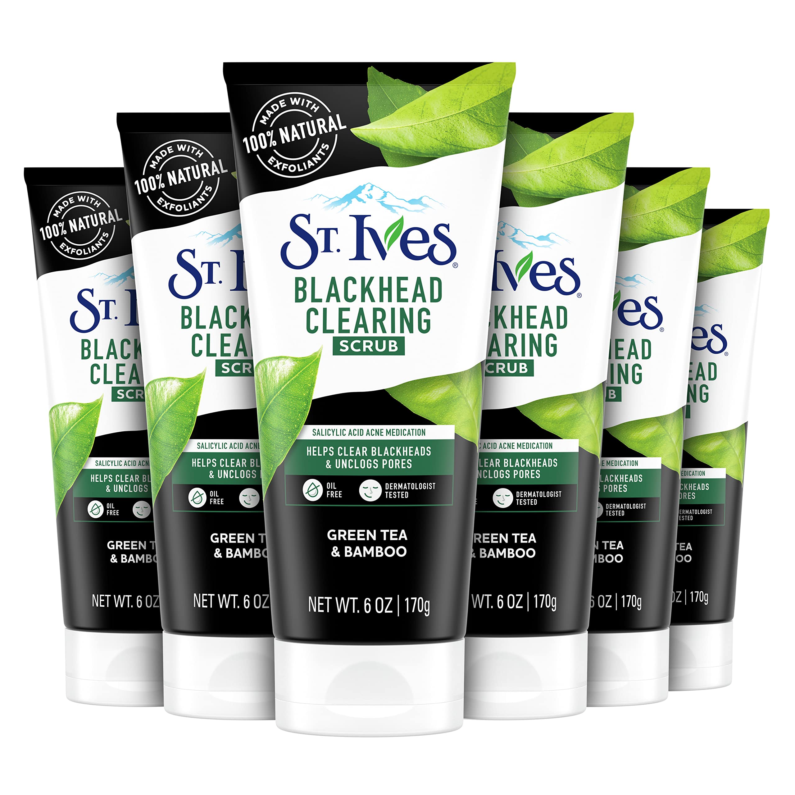 St. Ives Face Scrub Clears Blackheads and Unclogs Pores Green Tea and Bamboo With Oil-Free Salicylic Acid Acne Medication, Made with 100 percent Natural Exfoliants, 6 Ounce (Pack of 6)