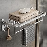 Towel Rack Wall Mount for Bathroom with Towel Bar and Hooks 23.6 in Foldable Towel Shelf Lavatory Towel Organizer Matte Silver