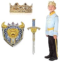 Little Adventures Prince Charming Costume with Golden Prince Crown and Toy Foam Sword and Shield Set Bundle (Size Age 5-7)