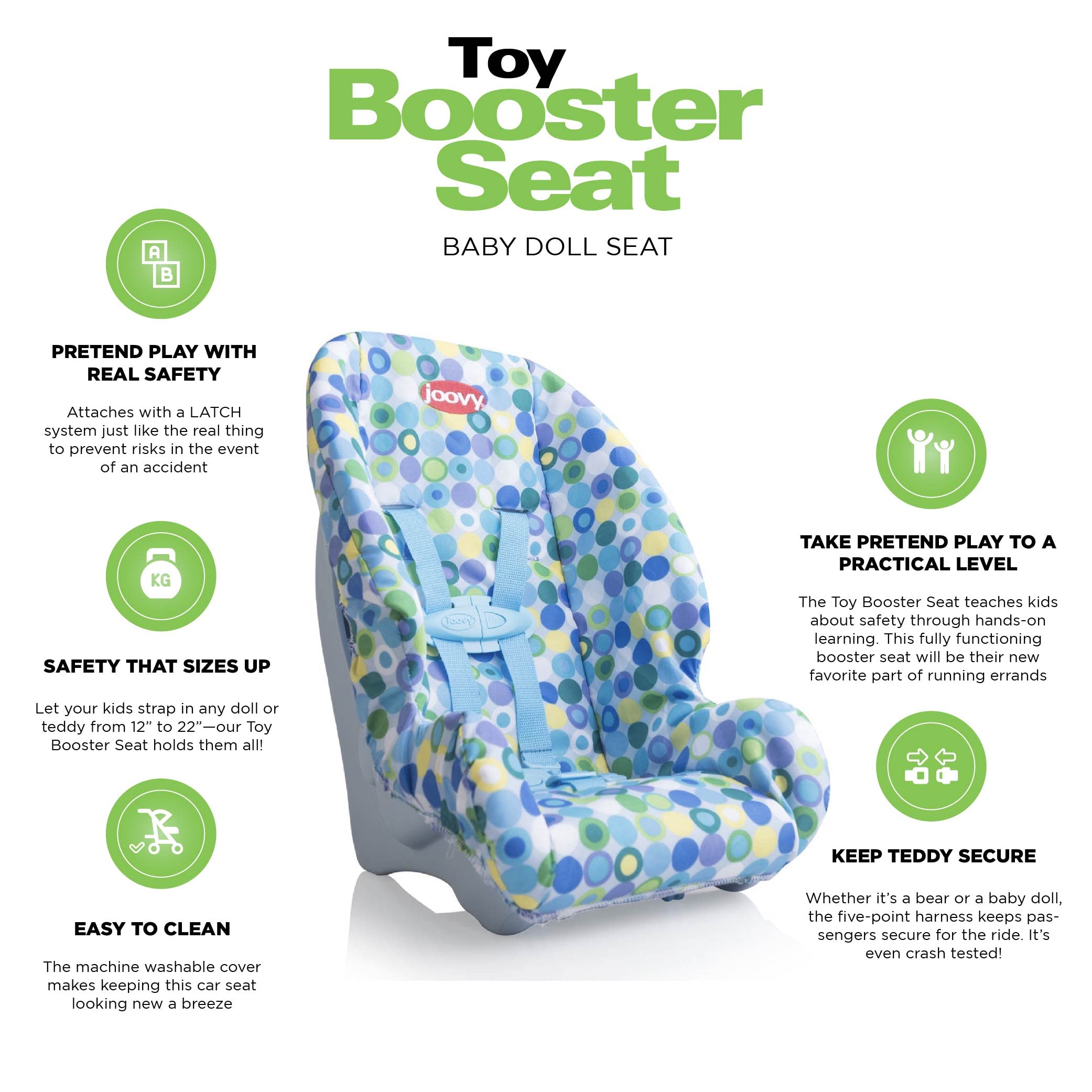 Joovy Toy Booster Seat & Functional Doll Car Seat Featuring Crash-Tested Latch System for Safety, Machine-Washable Cover for Easy Cleaning, and Five-Point Harness - Fits Dolls 12” to 22”, Blue
