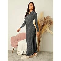 Women's Dress Marled Knit Single Breasted Dress Dress for Women (Color : Dark Grey, Size : X-Large)