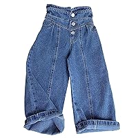 Kids Girls High Waist Button Denim Pants Wide Leg Baggy Jeans Trousers with Pockets Fashion Casual Wear