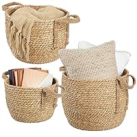 mDesign Round Braided Seagrass Woven Storage Basket with Jute Handles - Rope Weave Circle-Shaped Basket Bin for Shoe Storage in Entryway, Organizing Playroom Toys, and Laundry - Set of 3 - Natural