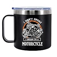 Panvola I Don't Snore I Dream I'm A Motorcycle Insulated Coffee Cup 14oz With Handle Lid For Snorers Biker Motor Bike Lover Rider 304 Stainless Steel Vacuum Insulated Camping Travel Thermal Mug