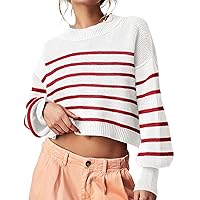 Saodimallsu Womens Cropped Striped Sweaters Oversized Batwing Long Sleeve Crew Neck Crop Tops Knit Pullover