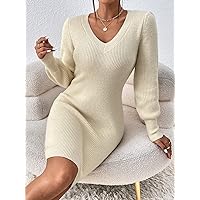 TLULY Sweater Dress for Women Neck Lantern Sleeve Sweater Dress Without Belt Sweater Dress for Women (Color : Apricot, Size : Large)