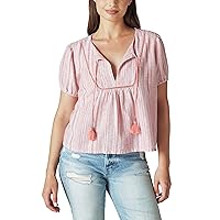 Lucky Brand Women's Open Neck Embroidered Peasant Blouse
