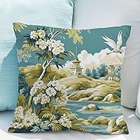 Throw Pillow Covers Pagoda Garden Imperial Green Chinoiserie Pillowcase Antique Oriental Pattern Customized Cushion Covers 24x24 Square Pillow Protectors Both Sides for Sofa Couch