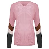 Womens Deep V Neck Long Sleeve Loose Lantern Sleeve Pullover Jumper Fashion Color Block Knit Striped Sweater Tops
