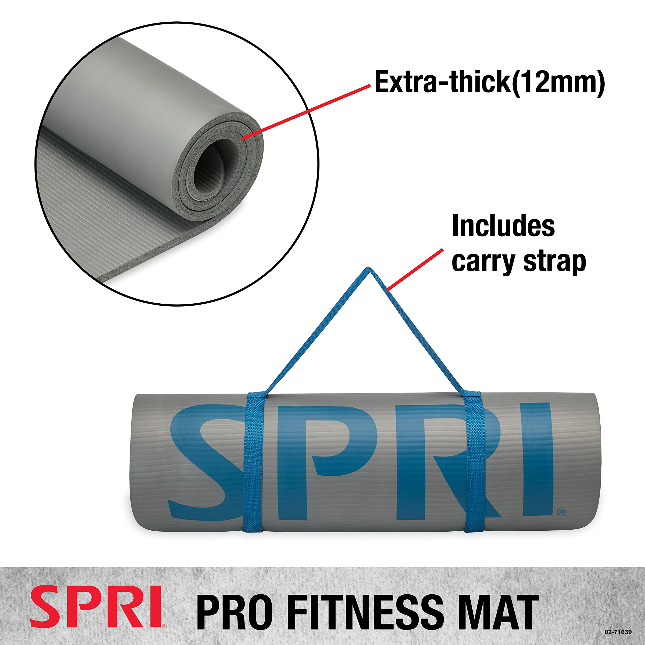 SPRI 12mm Pro Fitness Matt - Thick Exercise Mat for Floor Workouts, Sit-Ups, Push-Ups, Stretching, Toning, and General Fitness - Non-Slip Texture, Cushioned, Portable Rolling Mat with Carrying Strap Grey