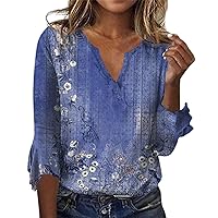 Summer Tops for Women 2024,Women's Top Loose Casual V Neck Vintage Floral Blouses 3/4 Bell Sleeve Summer T Shirt