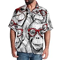 Hawaiian Shirt for Men Casual Button Down, Quick Dry Holiday Beach Short Sleeve Shirts Happy Glasses Monkey,S
