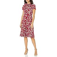 London Times Women's Polished Crepe Tie Neck A-Line Dress, Red/Lilac