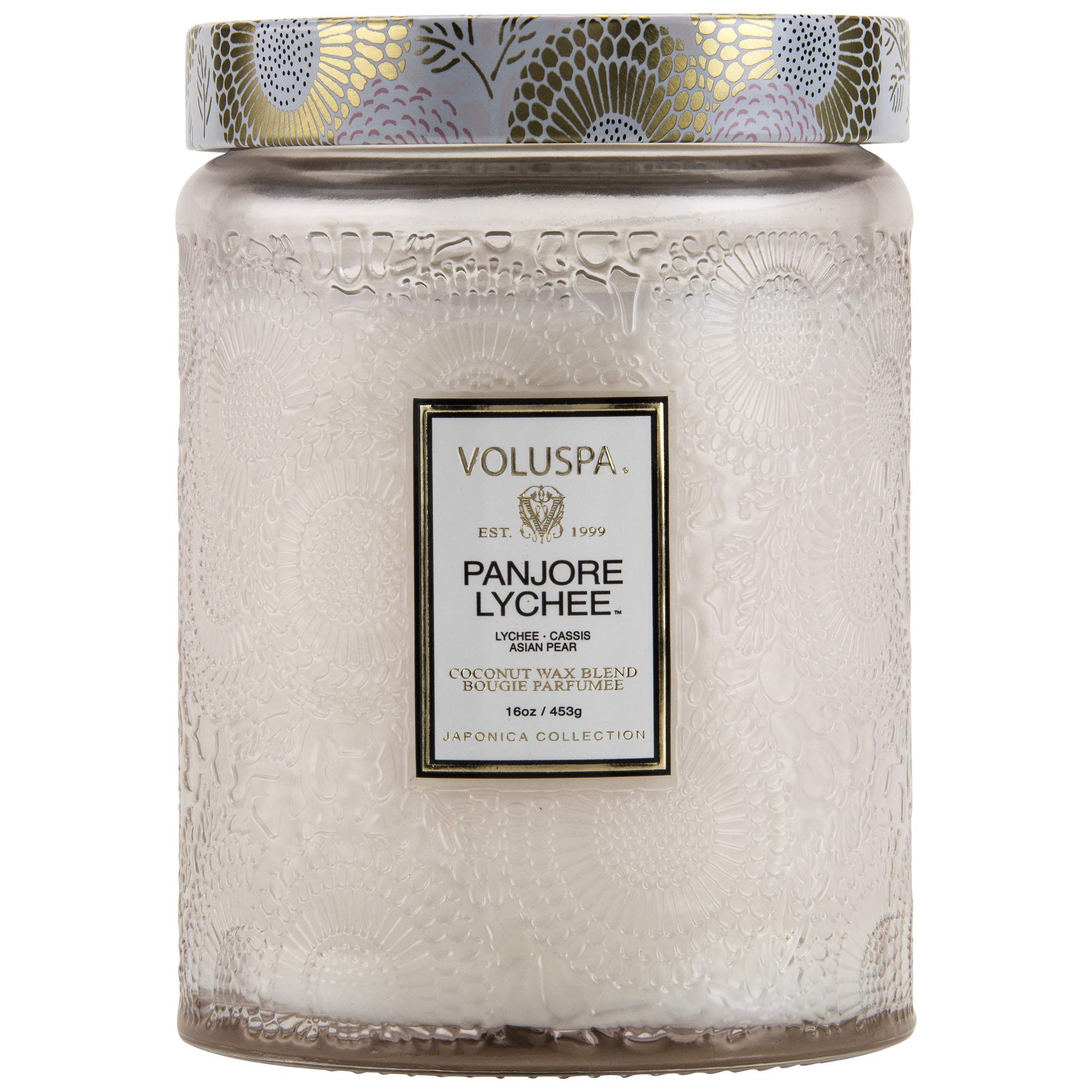 Voluspa Panjore Lychee Candle | Large Glass Jar | 18 Oz. | 100 Hour Burn Time | All Natural Wicks and Coconut Wax for Clean Burning | Vegan