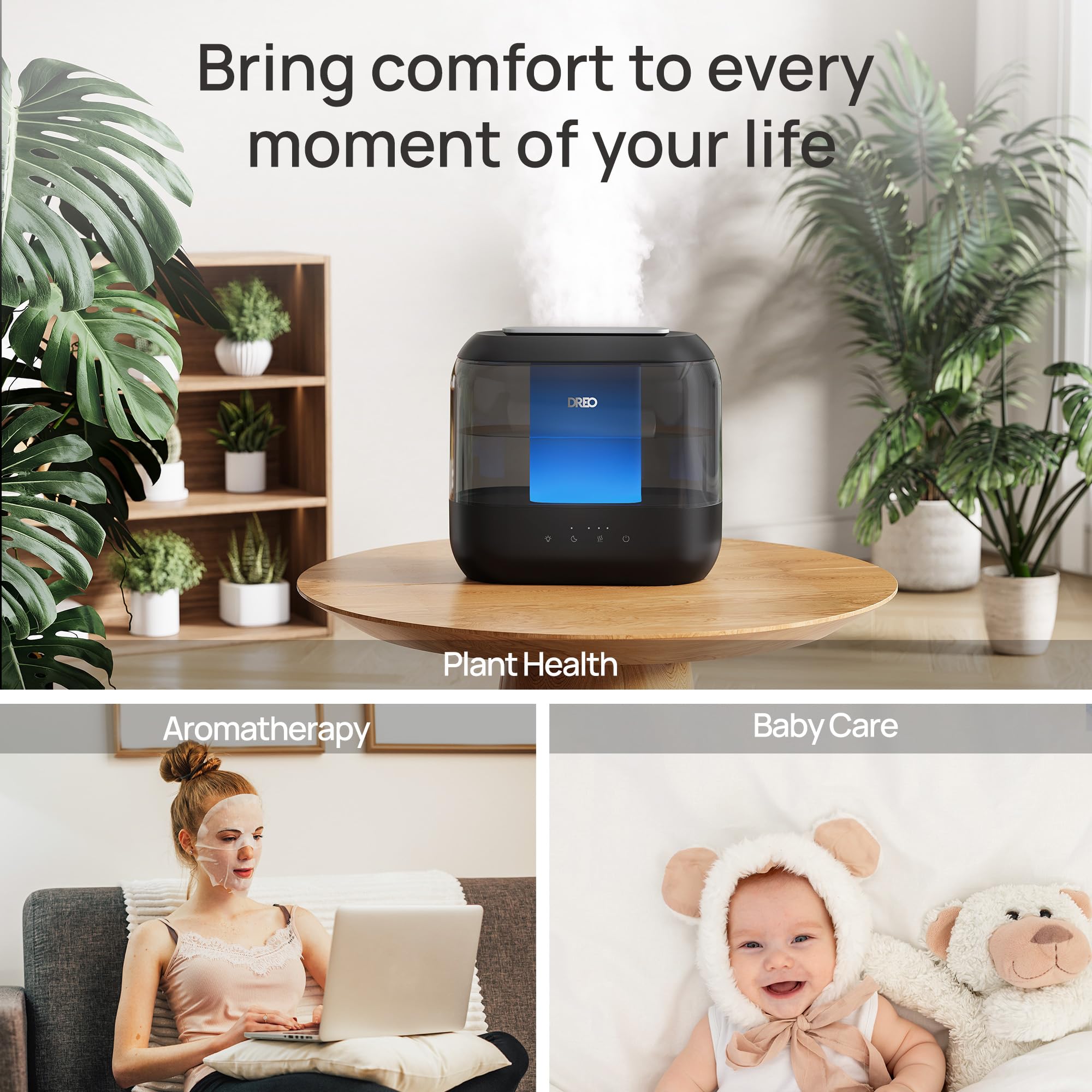 Dreo Humidifiers for Bedroom, Top Fill 4L Supersized Cool Mist Humidifier with Oil Diffuser and Nightlight, 32H Runtime, Quiet Ultrasonic Humidifiers for Home, Large Room, Baby Nursery and Plants