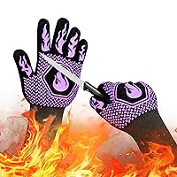 BBQ Fireproof Gloves, Grill Cut-Resistant Gloves 1472°F Heat Resistant Gloves, Non-Slip Silicone Oven Gloves, Kitchen Safe Cooking Gloves for Oven Mitts,Barbecue,Cooking, Frying,13.5 Inch-Purple