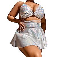 MakeMeChic Women's 3 Piece Swimsuit Metallic Halter Triangle Bikini Set with Beach Skirt