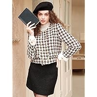 Women's Jackets Plaid Pattern Double Breasted Tweed Overcoat Women Jackets (Color : Multicolor, Size : Small)