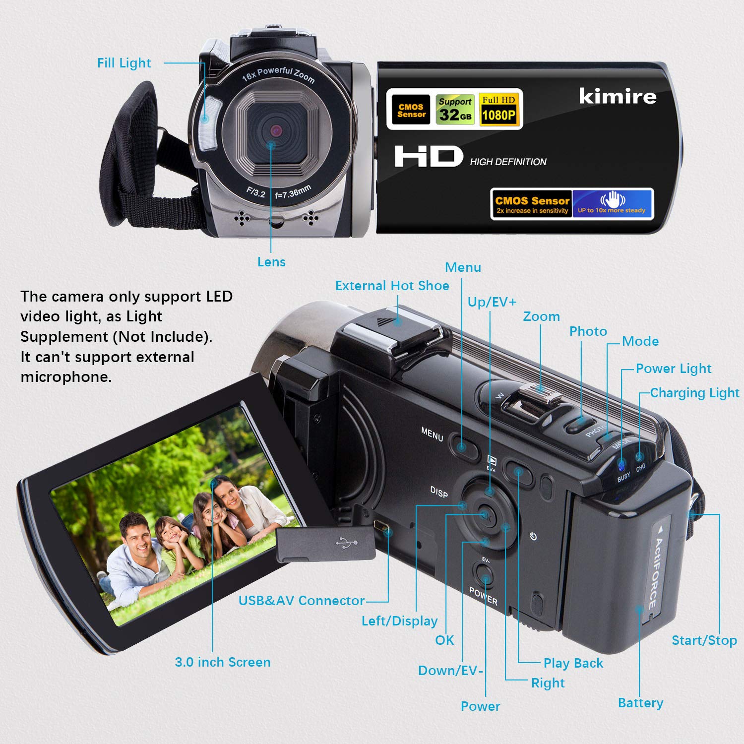 kimire Video Camera Camcorder Digital Camera Recorder Full HD 1080P 15FPS 24MP 3.0 Inch 270 Degree Rotation LCD 16X Digital Zoom Camcorder Camera with 2 Batteries(Black)