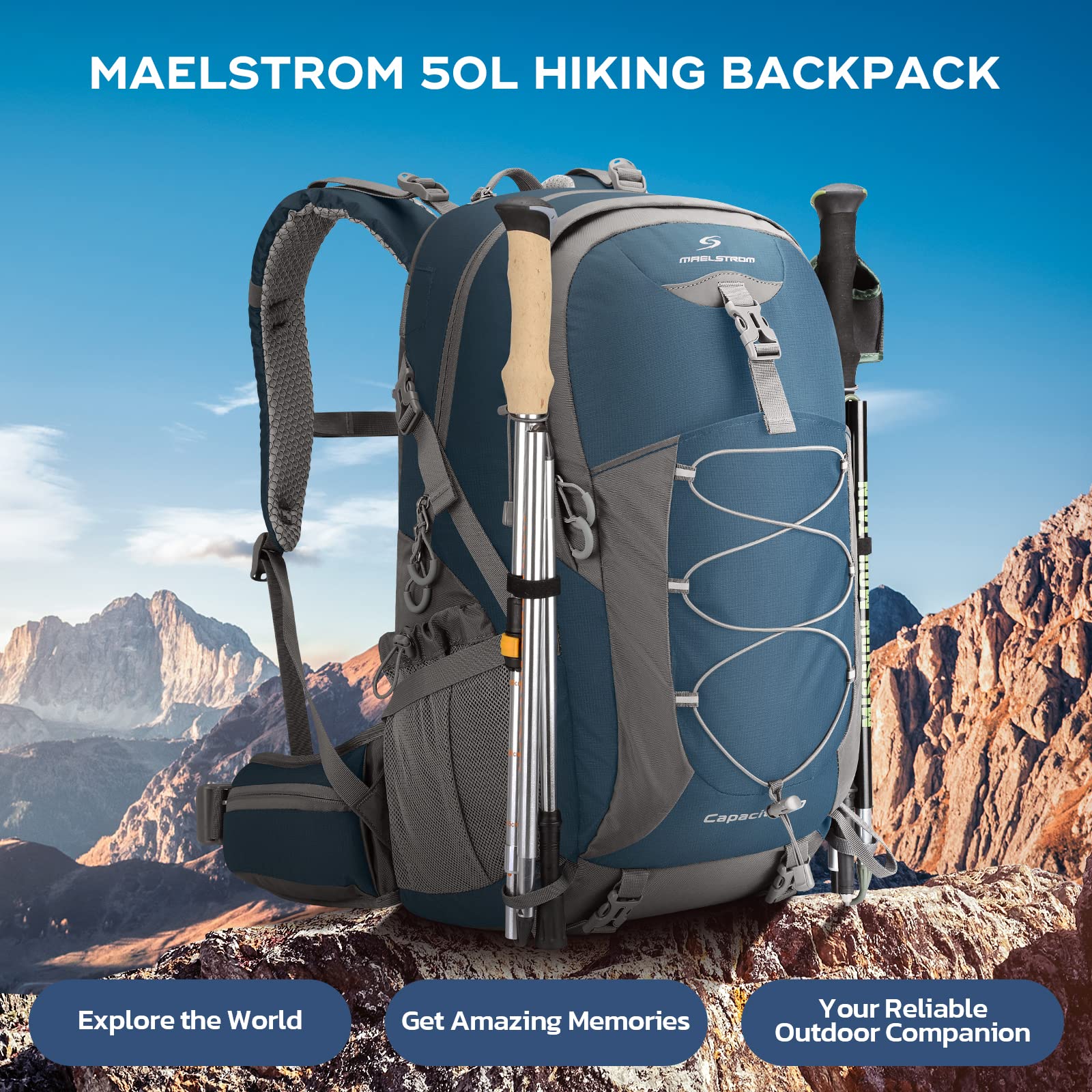 Maelstrom Hiking Backpack,Camping Backpack,40L Waterproof Hiking Daypack with Rain Cover,Lightweight Travel Backpack,Blue