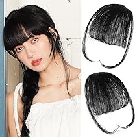 WECAN Clip in Bangs Fake Bangs Hair Clip Natural Black 100% Human Hair Extensions with Temples Wigs for Women Curved Bangs for Daily Wear (Wispy Bangs, Natural Black)
