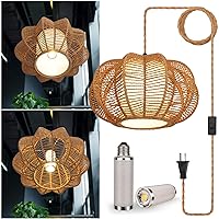 Plug in Pendant Light Rattan Hanging Lights with Plug in Cord 15FT Hemp Rope Cord, Indoor Hanging Lamps for Boho Living Room Bedroom（Bulb Included） 14x 8 inch