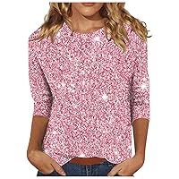 Women's 3/4 Sleeve T-Shirts 2024 Trendy Casual Summer Tops Round Neck Sparkly Print Blouses Pullover Tees Loose Fit Tunic