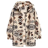 SELINK Womens Aztec Print Fleece Hoodie Jacket Button Down Shacket Casual Sherpa Coats Warm Outwear With Pockets