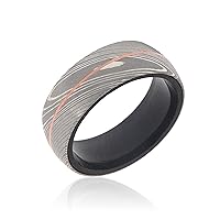 Damascus Steel Ring Acid Etched Bands with Blackwood Sleeve and Copper Groove 8mm Wide Ring - USA Made Custom Jewelry and Bands