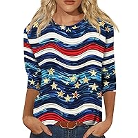Workout Tops for Women, 4Th July Shirts for Women Oversized Graphic Tees for Women Womens 3/4 Sleeve Shirt 2024 Round Neck Loose Tshirt Independence Day Print Comfy Tops Slim (Dark Blue,Small)