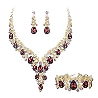 BriLove Women's Wedding Bridal Austrian Crystal Teardrop Flower Cluster Statement Necklace Dangle Earrings Jewelry Set for Party Prom