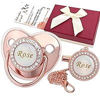Personalized Pacifier and Pacifier Clip with Name, Bling Pacifier Clip Set with Gift Box Greeting Card, Glitter Crystal Luxurious Dummy Ideal Gift for Girl Baby Shower Newborn Photography(Rose Gold)